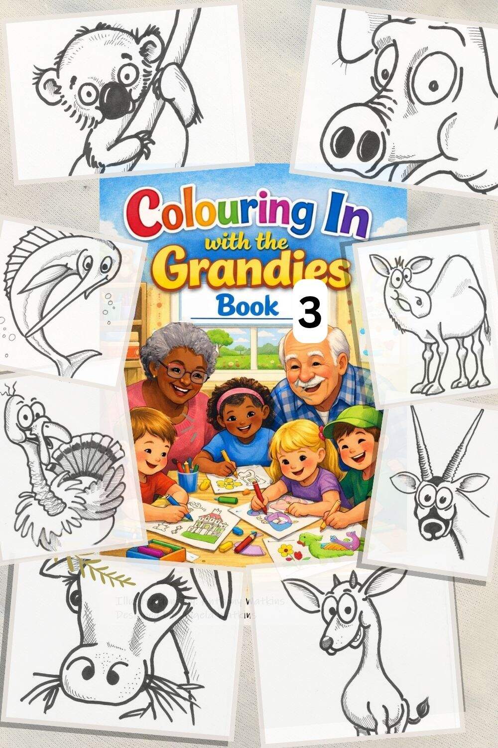 Colouring book pages designed for grandparents and grandchildren to enjoy together